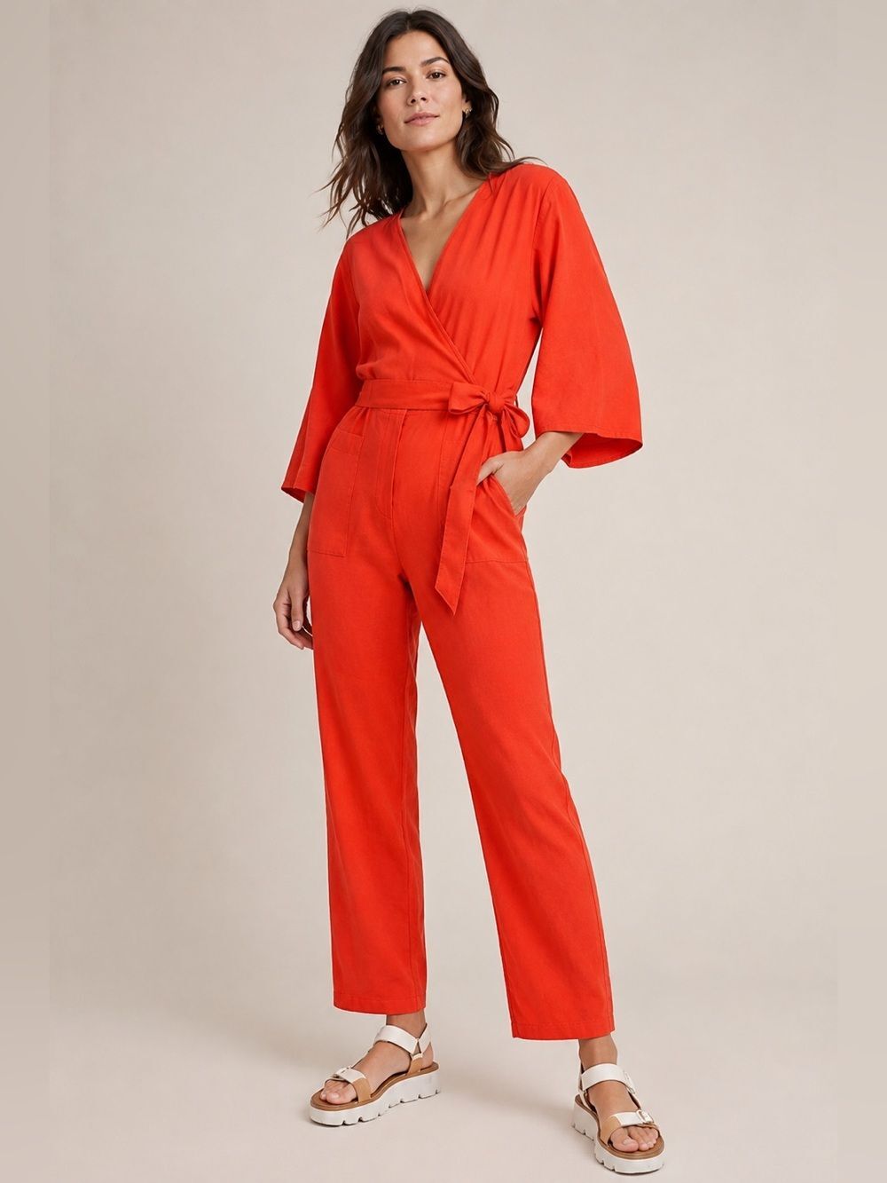 NWT Anthropologie Red Orange Faux Wrap Jumpsuit Colorful Minimalist Casual Comfy